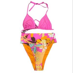 Aerie American Eagle 2 Piece Bikini Swimsuit Set Medium Pink High Waist Floral